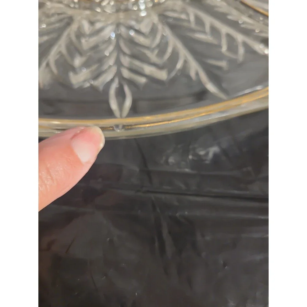 Unmarked Pressed Glass Oval Serving Tray w/ Handles, Clear Gold Trim Floral